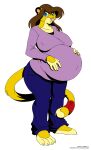  2009 anthro belly big_belly big_breasts big_butt blue_eyes bottomwear breasts brown_hair butt clothed clothing deonwolf digital_media_(artwork) felid female hair hand_on_stomach hi_res jewelry kathy_(danellz) lion mammal open_mouth pantherine pants pregnant ring shirt simple_background solo tail_jewelry tail_ring topwear white_background 