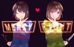  2others akikuriii androgynous bangs black_background blue_shirt blush bob_cut brown_hair chara_(undertale) closed_eyes closed_mouth commentary_request frisk_(undertale) green_shirt heart highres holding holding_knife holding_stick knife looking_at_viewer multiple_others outstretched_arm outstretched_hand parted_lips pixel_art red_eyes sanpaku shirt short_hair simple_background smile stick striped striped_shirt undertale upper_body weapon 