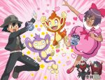  3boys :d aipom arms_up ash_ketchum bangs belt belt_buckle black_eyes black_hair black_pants bow buckle buttons chimchar commentary_request cosplay crossdressing darkrai dawn_(pokemon) dawn_(pokemon)_(cosplay) dress gloves hair_bow hat heart jacket male_focus multiple_boys open_mouth outstretched_arm pants paul_(pokemon) pink_dress poke_ball pokemoa pokemon pokemon_(anime) pokemon_(creature) pokemon_dppt_(anime) purple_hair shiny shiny_hair shoes short_hair short_sleeves smile sparkle spiked_hair star_(symbol) tobias_(pokemon) tongue vest white_gloves 