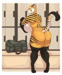  anthro back_boob big_breasts big_butt breasts butt clothing ear_piercing felid female hi_res inside jeannine_geroux leg_markings locker locker_room looking_at_viewer looking_back looking_back_at_viewer mammal markings nude pantherine piercing rear_view slightlysimian socks_(marking) solo stripes tiger undressing 