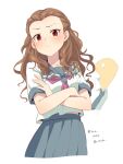  1girl 1other black_necktie blush brown_hair can&#039;t_be_this_cute closed_mouth collared_shirt crossed_arms curly_hair forehead grey_sailor_collar grey_skirt idolmaster idolmaster_cinderella_girls long_hair necktie ore_no_imouto_ga_konna_ni_kawaii_wake_ga_nai p-head_producer parody pleated_skirt producer_(idolmaster) red_eyes sailor_collar school_uniform seki_hiromi serafuku shirt short_sleeves simple_background skirt translation_request uccow white_background white_shirt 