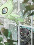  anzu_(01010611) blue_eyes blurry cat celebi closed_eyes closed_mouth day flying glameow glass highres leaf licking no_humans outdoors pokemon pokemon_(creature) tongue tongue_out window 