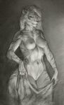  anthro areola biformis breasts felid feline female genitals greyscale hair hi_res holding_object long_hair looking_down mammal markings monochrome nipples nude pussy sketch smile solo standing striped_markings stripes 