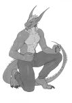  4_toes alien anthro barefoot bottomwear clothed clothing digit_ring dragon ernesto_(rebeldragon101) feet hi_res jewelry kneeling male plantigrade reptile ring scalie science_fiction silgiriya_mantsugosi solo tight_clothing toe_ring toes topless topless_male 