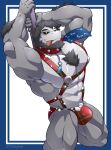  absurd_res anthro beard black_hair bulge chest_tuft christmas collar dragon facial_hair grey_body hair harness hi_res holidays maldu male muscular muscular_anthro muscular_male nipples pecs pole solo stripper_pole tongue tuft yellow_eyes 