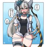  1girl amatsukaze_(kancolle) aqua_headwear bangs blush breasts brown_eyes cosplay crossed_bangs garrison_cap gloves grey_hair hair_between_eyes hair_ribbon hat headgear highres k_(shiganai_shakaijin) kantai_collection long_hair medium_breasts one-piece_swimsuit open_mouth ribbon scamp_(kancolle) scamp_(kancolle)_(cosplay) short_shorts shorts skindentation solo speech_bubble star_(symbol) swimsuit swimsuit_under_clothes torn_clothes translation_request white_gloves white_shorts 
