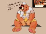  2021 animal_crossing anthro blush bodily_fluids chef_hat chef_uniform clothed clothing debudraws english_text erection erection_under_clothing eyes_closed genital_fluids hat headgear headwear hi_res humanoid_hands male mammal nintendo orange_body overweight overweight_male precum sitting solo teddy_(animal_crossing) text ursid video_games 