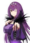  1girl bangs bare_shoulders breasts cleavage detached_collar dress fate/grand_order fate_(series) feather_trim hair_between_eyes ichi_yoshida jewelry large_breasts long_hair long_sleeves looking_at_viewer pendant purple_dress purple_hair red_eyes scathach_(fate) scathach_skadi_(fate) tiara 