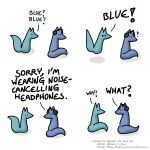  ! 1:1 ? blue_body blue_fox_(foxes_in_love) blue_fur blue_tail canid canine comic dialogue duo english_text feral fox foxes_in_love fur green_body green_fox_(foxes_in_love) green_fur green_tail headphones hi_res male_(lore) mammal shadow simple_background text url 
