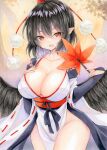  1girl :d alternate_eye_color bangs bird_wings black_hair black_wings blush branch breasts bridal_gauntlets brown_eyes cleavage collarbone commentary_request eyelashes feathered_wings fingers hair_between_eyes hand_fan hand_on_own_chest hat hauchiwa highres holding holding_fan japanese_clothes kourindou_tengu_costume large_breasts leaf long_sleeves looking_at_viewer marker_(medium) natsume_nadeshiko no_bra obi official_alternate_costume open_mouth pelvic_curtain pointy_ears pom_pom_(clothes) red_headwear ribbon-trimmed_sleeves ribbon_trim sash shameimaru_aya shiny shiny_hair shiny_skin short_hair sidelocks smile solo standing thick_thighs thighs tokin_hat tongue touhou traditional_media tree wide_sleeves wings 