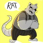 2021 anthro bottomwear clothing hi_res john_vithor male mammal murid murine necktie overweight overweight_male pants rat rodent shirt simple_background solo suspenders text topwear yellow_background 