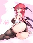  1girl ass ass_visible_through_thighs back bangs bare_shoulders bat_wings black_bra black_legwear blush bra breasts buckle commentary_request demon_girl demon_tail demon_wings eyelashes fang fingernails fingers fumitsuki_(minaduki_6) garter_straps hair_between_eyes hand_on_own_thigh head_wings heart koakuma lace-trimmed_legwear lace_trim large_breasts long_hair looking_at_viewer looking_back lying on_side open_bra open_clothes open_mouth open_shirt pink_background pointy_ears red_eyes red_hair shiny shiny_skin shirt shoulder_blades sidelocks spoken_heart tail thighhighs touhou underwear white_shirt wings 
