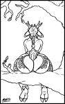  antlers big_butt braided_hair braided_ponytail branch bubble_butt butt curvaceous curvy_figure freckles hair hi_res hooves horn humanoid long_ears male markings satyr sitting skianous solo spots spotted_markings voluptuous 