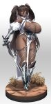  1girl absurdres armored_boots boots breasts brown_hair dark-skinned_female dark_skin full_body gauntlets grey_eyes hair_between_eyes highres holding holding_sword holding_weapon huge_breasts konoshige_(ryuun) long_hair long_pointy_ears original pelvic_curtain pointy_ears solo standing sword twintails weapon 