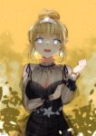  absurdres black_dress breasts cleavage dress earrings eyebrows_visible_through_hair hair_bun highres hololive hololive_english jewelry leaf looking_at_viewer open_mouth ribbon smile tiara virtual_youtuber watch watson_amelia yellow_background zikryzero 