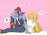  &lt;3 5_fingers absurd_res alphys animal_humanoid anthro back_to_back biped blue_hair boots cana_(artist) clothing coat duo ear_fins eyewear female fin fingers fish fish_humanoid footwear glasses hair hi_res humanoid lab_coat marine marine_humanoid scalie shirt sitting tank_top topwear undertale_(series) undyne 