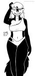  2021 anthro bikini black_and_white breasts clothing ear_piercing ear_ring female fur hair hi_res kelly_o&#039;dor looking_at_viewer mammal mephitid monochrome navel piercing skunk solo swimwear tegerio whiskers 
