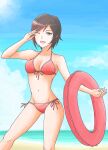  1girl ;d absurdres ass_visible_through_thighs beach bikini blue_sky breasts brown_hair cloud front-tie_top grey_eyes groin hand_in_hair highres innertube medium_breasts navel ocean one_eye_closed pink_bikini ruby_rose rwby short_hair sky smile solo swimsuit tsukimizake 