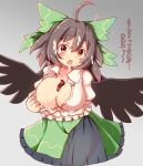 ! 1girl ahoge areolae bangs bird_wings black_skirt black_wings blush bow breasts brown_eyes brown_hair cameltoe clothes_pull collared_shirt commentary_request cum cum_on_body cum_on_breasts cum_on_hair eyebrows_visible_through_hair facial feet_out_of_frame frilled_skirt frills gradient gradient_background green_bow green_skirt grey_background hair_bow haruirokomici highres large_breasts layered_skirt long_hair looking_at_viewer no_bra open_clothes open_mouth open_shirt panties puffy_short_sleeves puffy_sleeves reiuji_utsuho see-through_skirt shirt shirt_pull short_sleeves skirt solo surprised third_eye touhou translation_request underwear white_panties white_shirt wings 