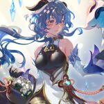  artist_name bangs bare_shoulders basket bell black_gloves blue_hair blush bow bowtie breasts chinese_knot detached_sleeves eyebrows_visible_through_hair flower flower_knot ganyu_(genshin_impact) genshin_impact gloves gold_trim highres horns ice_shard long_hair medium_breasts multicolored_eyes neck_bell oyakorodesu qilin_(mythology) qingxin_flower sidelocks smile solo tassel upper_body vision_(genshin_impact) white_flower white_sleeves wide_sleeves 