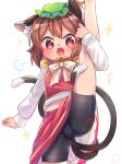  +_+ 1girl :3 animal_ear_fluff animal_ears bangs bike_shorts blush breasts brown_hair cat_ears cat_tail chen chinese_clothes crop_top earrings fang feet_out_of_frame gleam green_headwear happy hat highres holding_leg ibaraki_natou jewelry kneepits looking_at_viewer medium_hair multiple_tails navel nekomata one_eye_closed open_mouth pillow_hat red_eyes red_skirt shiny shiny_hair shiny_skin sidelocks single_earring skirt sleeveless small_breasts smile solo sparkling_eyes split standing standing_on_one_leg standing_split stomach tail touhou two_tails v-shaped_eyebrows white_background 