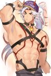  1boy abs arataki_itto armpit_hair armpits bara bicep_strap body_markings closed_mouth collar eyebrows_visible_through_hair fang genshin_impact hat highres horns horns_through_headwear jewelry long_hair male_focus mature_male muscular muscular_male nipples oni oni_horns pectorals red_eyes simple_background solo spiked_collar spikes tattoo white_hair zhineart 