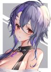  1girl absurdres antenna_hair azur_lane bare_shoulders blush border breasts cleavage detached_collar foch_(azur_lane) grey_background hair_between_eyes highres kabi_(zcwd8845) large_breasts looking_at_viewer multiple_tails outside_border parted_lips purple_hair red_eyes short_hair_with_long_locks sidelocks solo tail two_tails upper_body white_border 