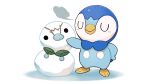  blush closed_eyes closed_mouth commentary_request leaf no_humans official_art piplup pokemon pokemon_(creature) project_pochama smile snowman solo standing sticks toes white_background 