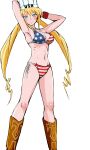  american_flag_bikini armpits arms_behind_head arms_up bikini blonde_hair boots breasts chef_hat cowboy_boots drill_hair flag_print hat highres kanekane large_breasts monica_adenauer side-tie_bikini swimsuit twintails wristband yakitate!!_japan 