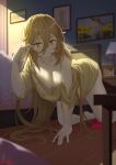  1girl all_fours bare_shoulders bed bedroom blonde_hair breasts cleavage collarbone commission hair_between_eyes hand_up highres large_breasts long_hair looking_at_viewer nev_(nevblindarts) off_shoulder original shirt solo thighs very_long_hair yellow_eyes yellow_shirt 