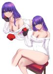  1girl bangs bare_shoulders blue_eyes blunt_bangs blush breasts cleavage collarbone crossed_legs fate/grand_order fate_(series) highres large_breasts long_hair long_sleeves looking_at_viewer martha_(fate) mittens multiple_views off_shoulder purple_hair shirt sitting smile thighs white_shirt yand 