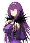  1girl bangs bare_shoulders breasts cleavage detached_collar dress fate/grand_order fate_(series) feather_trim hair_between_eyes ichi_yoshida jewelry large_breasts long_hair long_sleeves pendant purple_dress purple_hair scathach_(fate) scathach_skadi_(fate) tiara 