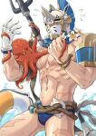  1boy armor bara blue_male_swimwear flower gentle2nd gerard_(world_flipper) gloves helmet holding male_focus male_swimwear mature_male octopus plume polearm scar scarf shoulder_armor solo spiked_helmet spikes struggling sweatdrop toned topless_male water weapon white_gloves world_flipper 