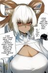  animal_ears arknights breasts carnelian_(arknights) cleavage dark-skinned_female dark_skin doctor_(arknights) english_text gin_moku goat_horns hard_translated highres horns large_breasts red_eyes third-party_edit 