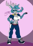  absurd_res anthro blue_body blue_fur bottomwear braided_hair cervid clothing female fishnet fishnet_armwear footwear fur hair hi_res jacket mammal panties pants shirt shoes signature solo tank_top topwear underwear wayesh wayshe 