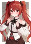  1girl absurdres ahoge bare_shoulders blush border bow bowtie commentary_request eris_greyrat eyebrows_visible_through_hair hair_between_eyes hair_bow highres long_hair long_sleeves looking_at_viewer mushoku_tensei racchi. red_hair solo twintails white_border 