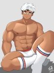  1boy abs absurdres akiha_gongen_(housamo) bandaid bandaid_on_nose bara blush boxers bulge crossed_legs dark-skinned_male dark_skin facial_hair goatee highres horns kneehighs large_pectorals looking_at_viewer male_focus male_underwear multicolored_hair muscular muscular_male navel navel_hair nipples pectorals scar scar_across_eye short_hair sideburns single_horn sitting socks solo stomach stubble thick_eyebrows thick_thighs thighs tokyo_afterschool_summoners topless_male two-tone_hair underwear underwear_only white_hair white_male_underwear xiayangart 