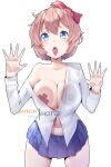  1girl against_glass bangs blue_skirt bow breast_press breasts breasts_on_glass brown_hair commentary covered_nipples cowboy_shot cross_pasties doki_doki_literature_club english_commentary hair_bow hands_up hot_vr long_sleeves looking_at_viewer medium_breasts navel no_bra off_shoulder open_mouth pasties pleated_skirt red_bow sayori_(doki_doki_literature_club) school_uniform short_hair skirt solo standing tongue tongue_out 