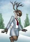  anthro antlers bottomwear breasts brown_body brown_hair capreoline cervid clothed clothing danaume digitigrade evergreen_tree eyebrows female fingers hair hi_res hooved_fingers hooves horn jacket looking_at_viewer mammal multicolored_body necktie outside pine_tree plant reindeer school_uniform shirt short_hair short_tail skirt sky small_breasts snow solo topwear tree two_tone_body uniform white_body winter 