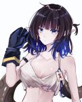  1girl aem_strap arknights bangs bare_shoulders black_hair blue_eyes blue_gloves blue_hair blunt_bangs breasts cleavage closed_mouth collarbone crop_top earrings eunectes_(arknights) eyebrows_visible_through_hair gloves gradient_hair hamd_up highres jewelry looking_at_viewer medium_breasts multicolored_hair one_side_up pointy_ears ruchita scales short_hair single_earring sleeveless snake_tail solo tail torn_clothes upper_body 