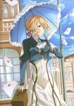  1girl absurdres blonde_hair blue_eyes blue_jacket blue_sky blue_umbrella bow braid breasts building closed_mouth cloud day dress envelope frilled_umbrella hair_bow hair_bun highres holding holding_umbrella jacket lamppost looking_away looking_to_the_side medium_breasts mosta_(lo1777789) outdoors red_bow sky solo suitcase umbrella violet_evergarden violet_evergarden_(series) white_dress window 