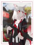  1girl absurdres animal_ear_fluff animal_ears apex_legends assault_rifle bangs black_jacket black_skirt collarbone english_commentary eyebrows_visible_through_hair fox_ears fox_girl gun head_tilt highres holding holding_gun holding_weapon hood hooded_jacket jacket lee_siu looking_up mashi_(dimensionalpris) nijisanji nijisanji_kr r-301_carbine red_eyes rifle shaded_face short_hair silver_hair skirt solo virtual_youtuber weapon 