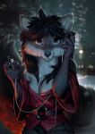  anthro belt black_hair braless breasts canid canine canis claws clothed clothing enfield female fluffy fluffy_tail fox fur grey_body grey_fur hair headphones hi_res hioshiru_(character) hybrid jacket looking_at_viewer mammal multicolored_body multicolored_fur outside pale_eyes red_clothing red_jacket red_topwear solo topwear tuft wayn_animation white_body white_fur wolf 