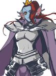  absurd_res animal_humanoid armor blue_body blue_skin cana_(artist) cape clothing crown ear_fins eye_patch eyewear female fin fish fish_humanoid gloves handwear hi_res humanoid looking_at_viewer low-angle_view marine marine_humanoid simple_background solo undertale_(series) undyne white_background worm&#039;s-eye_view yellow_sclera 