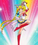  1990s_(style) 1girl arms_up back_bow bishoujo_senshi_sailor_moon blonde_hair blue_eyes boots bow double_bun elbow_gloves gloves highres holding knee_boots leotard long_hair looking_at_viewer magical_girl miniskirt multicolored_clothes multicolored_skirt official_art pink_footwear pleated_skirt retro_artstyle sailor_moon sailor_senshi skirt smile solo super_sailor_moon tiara tsukino_usagi twintails very_long_hair 