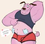  &lt;3 2021 anthro beagle belly big_belly bodily_fluids bulge canid canine canis cartoon_network clothed clothing courage_the_cowardly_dog courage_the_cowardly_dog_(character) dialogue disembodied_hand domestic_dog english_text eyebrows fur hand_behind_head hi_res hunting_dog male mammal mosin musclegut muscular muscular_anthro muscular_male narrowed_eyes navel overweight overweight_anthro overweight_male petting pink_body pink_fur praise raised_clothing raised_shirt raised_tank_top raised_topwear scent_hound shirt simple_background smile solo standing sweat sweatdrop tank_top text topwear tuft underwear whiskers white_background 
