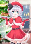  1girl :d absurdres alternate_costume aqua_eyes arms_up bangs belt black_hairband black_legwear blush bob_cut bow bowtie buckle capelet chicken_(food) christmas christmas_ornaments christmas_tree commentary_request cup dot_nose dress drinking_glass elbow_gloves food fur-trimmed_gloves fur-trimmed_skirt fur_trim gloves hairband highres hitodama holding holding_plate konpaku_youmu konpaku_youmu_(ghost) light_particles looking_at_viewer open_mouth plate red_bow red_bowtie red_capelet red_dress red_gloves red_headwear red_skirt reimei_(r758120518) santa_costume short_hair silver_hair skirt smile solo sparkle standing thighhighs touhou window wine_glass 