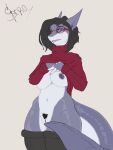  anthro areola breasts clothed clothing eyewear female fin fish freckles genitals glasses hi_res marine nipples non-mammal_breasts purple_eyes pussy shark solo standing staro 