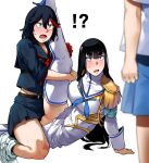  !? 3girls arm_support bakkanki black_hair black_serafuku black_shirt black_skirt blurry blurry_foreground clothed_sex depth_of_field dress epaulettes junketsu kill_la_kill kiryuuin_satsuki leg_lift long_hair looking_at_another matoi_ryuuko miniskirt mixed-language_commentary multicolored_hair multiple_girls no_panties open_mouth pussy red_hair revision school_uniform senketsu serafuku shirt short_hair simple_background skirt streaked_hair surprised suspender_skirt suspenders sweat thighhighs tribadism two-tone_hair white_background white_dress white_footwear 