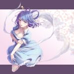  1girl aqua_dress bangs black_ribbon blue_eyes blue_hair blush breasts cherry_blossoms choker cleavage collarbone commentary_request dress drill_hair eyelashes floral_print folded_leg frilled_dress frilled_sleeves frills hagoromo hair_ornament hair_rings hair_stick holding_own_arm kaku_seiga large_breasts leg_strap letterboxed looking_at_viewer medium_hair midorino_eni nail_polish ofuda open_mouth parted_lips pink_nails ribbon ribbon_choker shawl shiny shiny_hair short_sleeves solo touhou vest white_vest wing_collar 
